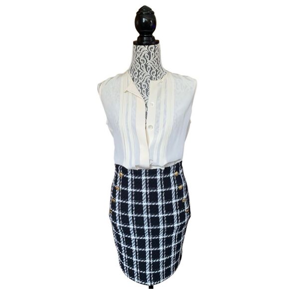Generation Love Boucle Plaid Mini Skirt with Gold Button Detailing Black Size XS - Picture 11 of 12